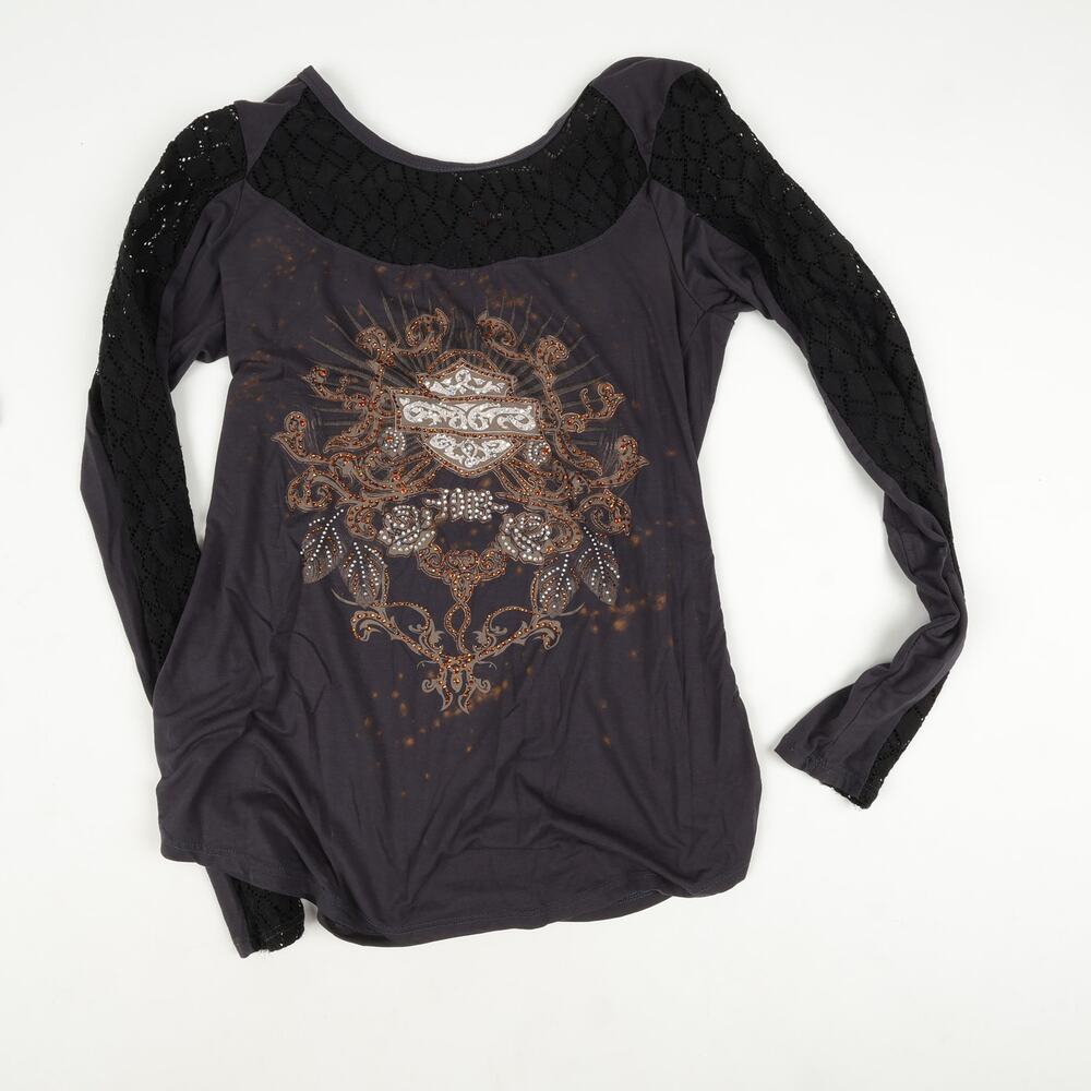Harley-Davidson Womens M Jungle Juice Lace Bedazzled Long Sleeve Top Charcoal